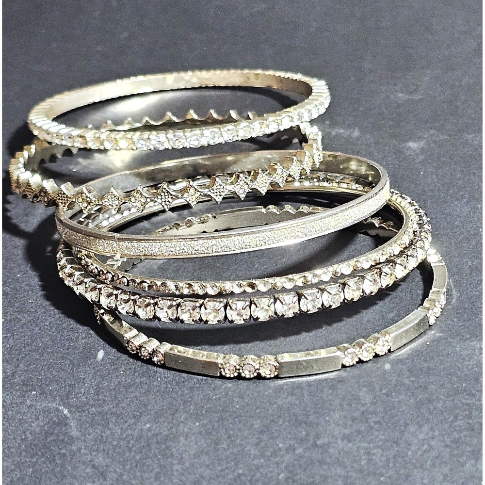 Silver Tone Rhinestone Bangle Bracelet Set 6 Piece Stackable Costume Jewelry
